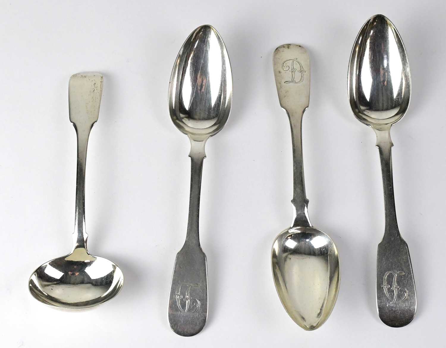 Lot 874 - Three Russian hallmarked silver Fiddle pattern...
