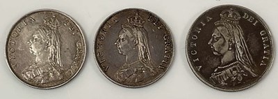 Lot 1391 - A Victoria half crown, 1887, and two Queen...