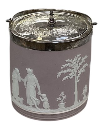 Lot 567 - WEDGWOOD; a lilac jasperware biscuit barrel,...