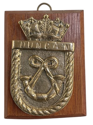 Lot 347 - A WWII boat badge, 'HMS Duncan', mounted on...