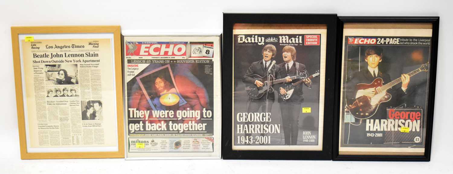 Lot 396 - THE BEATLES; six framed front page newspaper...