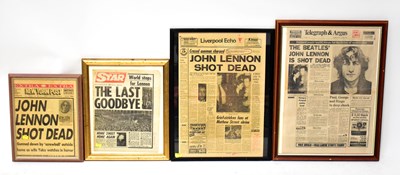Lot 396 - THE BEATLES; six framed front page newspaper...
