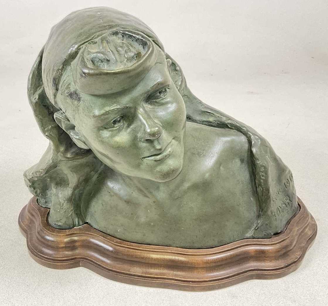 Lot 193 - FAYAR; a green patinated painted plaster bust...