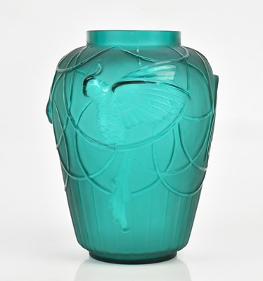 Lot 254 - SABINO; a French green frosted glass vase,...