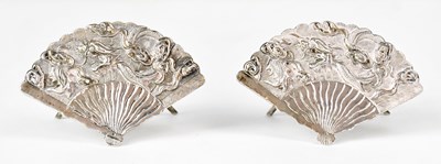 Lot 618 - A pair of Chinese silver fan-shaped place card...