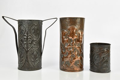 Lot 118 - Three Arts & Crafts planished copper vases,...
