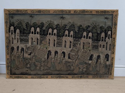 Lot 2358 - A large Indian Mughal painted silk panel,...
