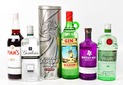 Lot 1024 - Four bottles of gin, comprising Mahon, Whitley...