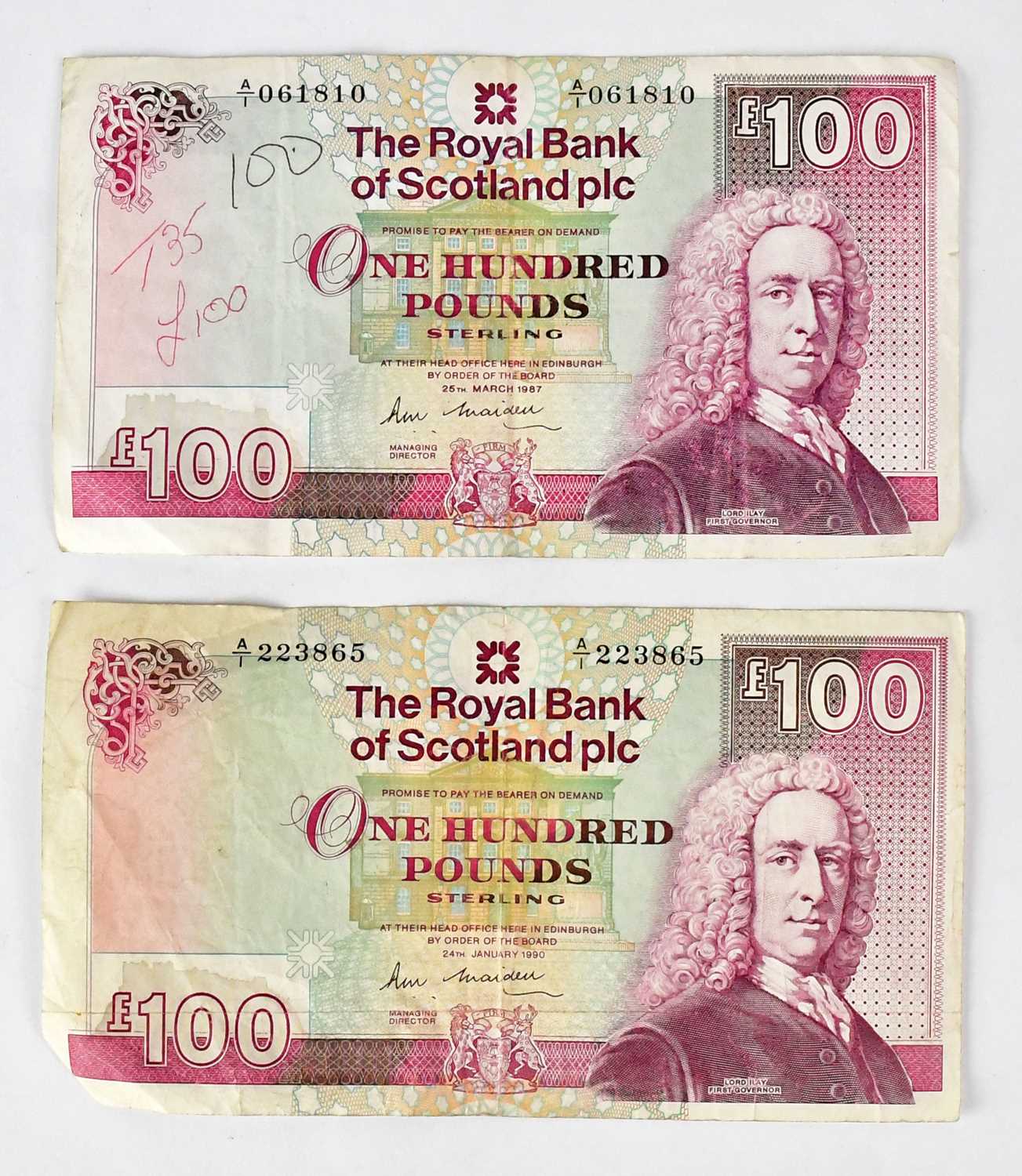 Lot 638 - Two Royal Bank of Scotland £100 notes, 1987