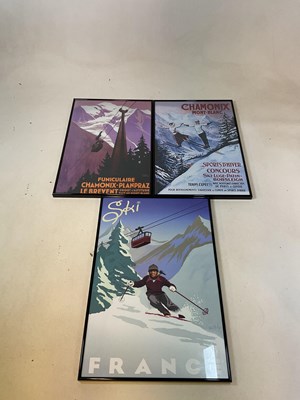 Lot 362 - Three reproduction ski posters, framed and...