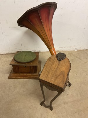 Lot 10 - A pair of bellows and a gramophone with large...