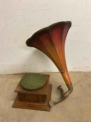 Lot 10 - A pair of bellows and a gramophone with large...