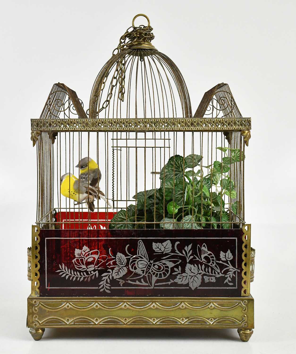 Lot 1260 - A Victorian brass birdcage with ruby glass...