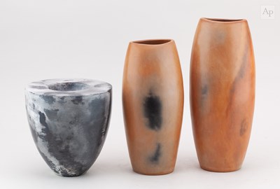 Lot 420 - JOY SISLEY; two tall burnished earthenware...