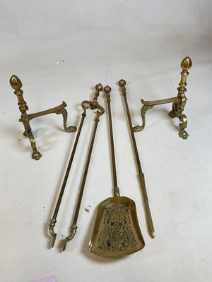 Lot 201 - A brass three piece companion set and a pair...