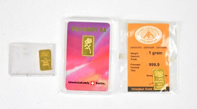 Lot 1142 - Three 1g 24ct gold ingots, comprising a Credit...