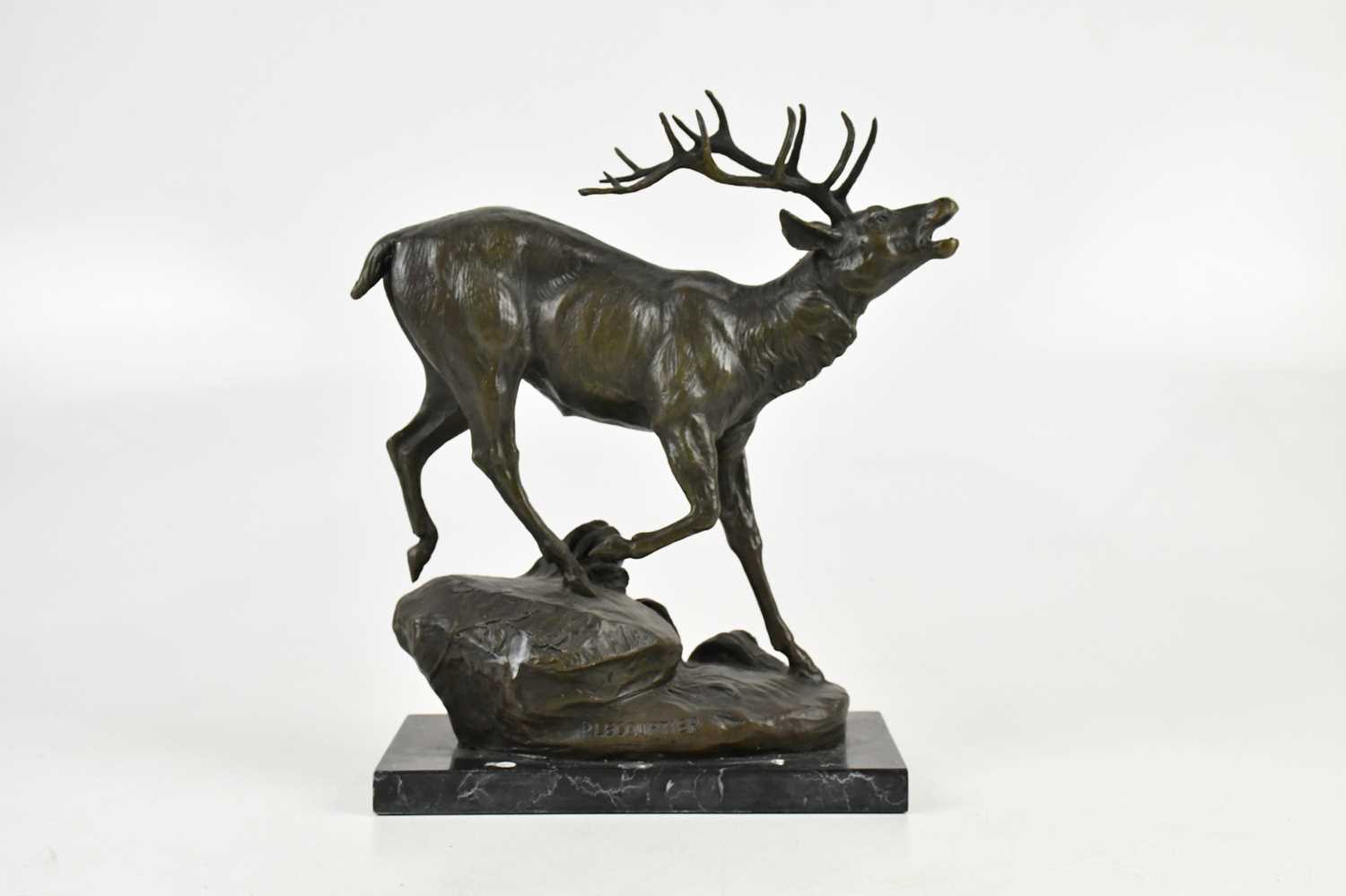 Lot 1409 - AFTER P LECOURTIER; a bronze stag on marble...