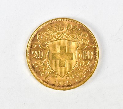 Lot 1176 - A Swiss 20 franc gold coin, 1935.