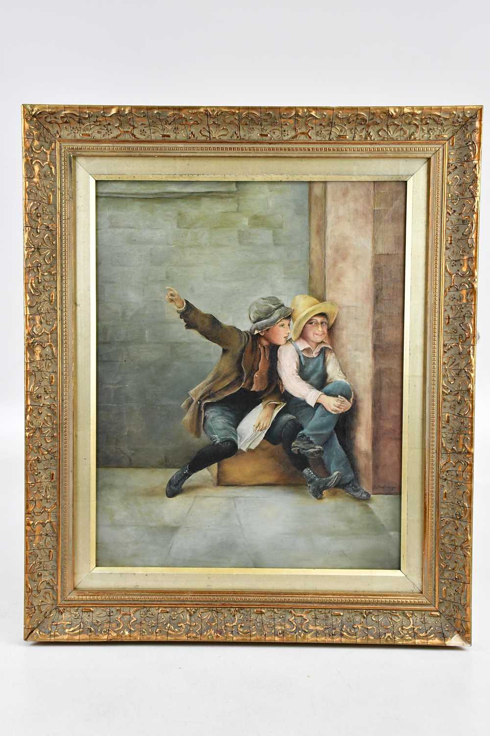 Lot 538 - M HUGHES JONES; oil on canvas, two boys seated,...