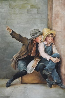 Lot 538 - M HUGHES JONES; oil on canvas, two boys seated,...