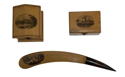 Lot 350 - MAUCHLINE WARE; two horse shoe shaped inkwells,...