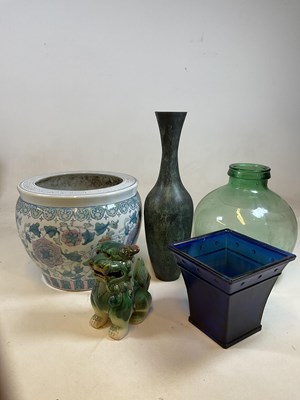 Lot 38 - A green tinted glass carboy, a modern Chinese...