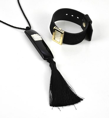 Lot 710 - LALIQUE; a black textured leather bracelet,...