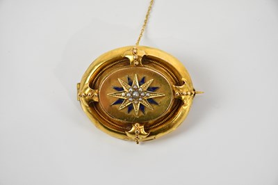 Lot 100 - A Victorian yellow metal seed pearl and blue...