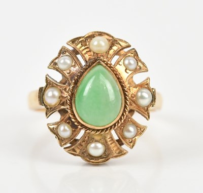 Lot 422 - A yellow metal seed pearl and green hardstone...