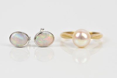 Lot 196 - A pair of white metal mounted opal earrings,...