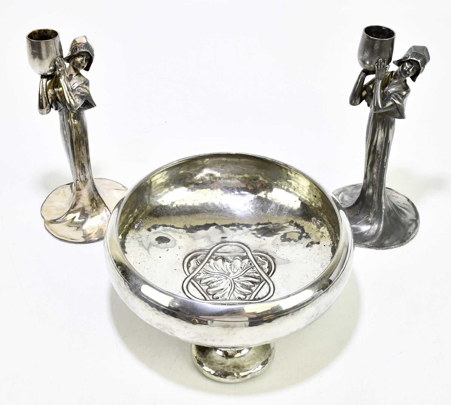 Lot 508 - A pair of Art Nouveau pewter candle holders...