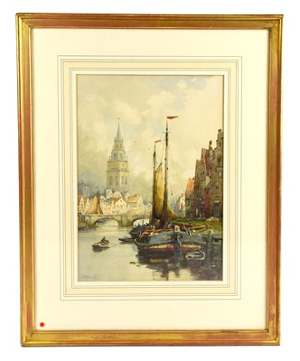 Lot 364 - JR MILLER; watercolour, moored sailing boats...