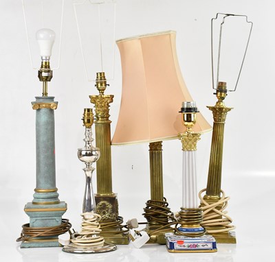 Lot 1676 - Three brass Corinthian column table lamps,...