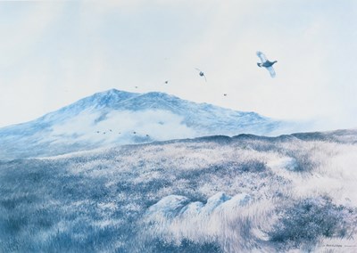 Lot 354 - BERRISFORD HILL; watercolour, flock of grouse...