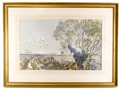 Lot 358 - An unsigned watercolour, geese in flight over...