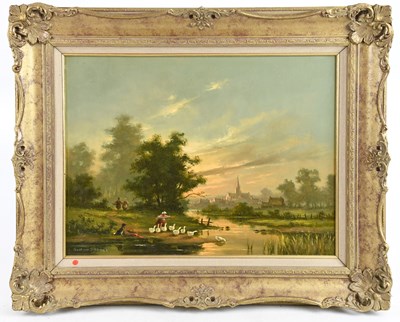 Lot 372 - GUDRUN SIBBONS; oil on board, maiden herding...