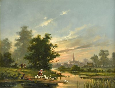 Lot 372 - GUDRUN SIBBONS; oil on board, maiden herding...
