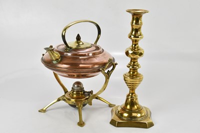Lot 1578 - A copper and brass spirit kettle, also a...
