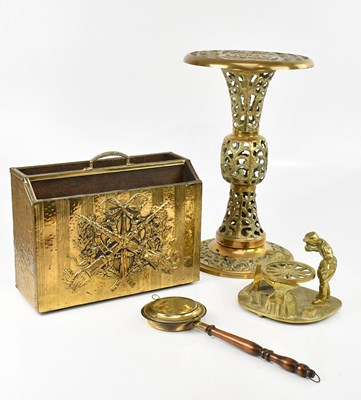 Lot 1560 - A brass magazine rack, a miniature warming pan,...