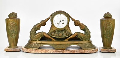 Lot 1317 - An Art Deco bronzed spelter three piece clock...