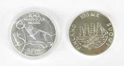 Lot 1196 - Two Finland 100 Markkaa silver coins, one...