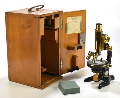 Lot 2593 - LEITZ; a cased brass and lacquered microscope...