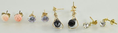 Lot 1312 - A pair of 9ct yellow gold onyx set earrings, a...
