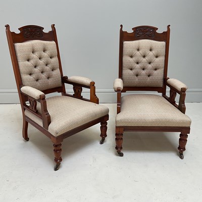 Lot 1245 - A pair of Edwardian walnut button upholstered...