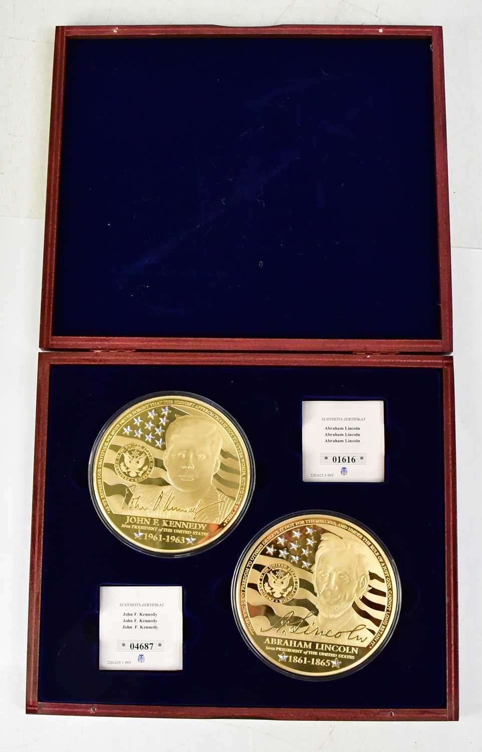 Lot 967 - Two large gold-plated commemorative coins,...