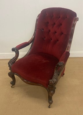 Lot 782 - A Victorian red upholstered low armchair,...