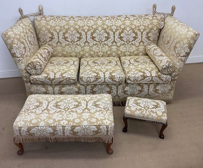 Lot 689 - A Knoll drop arm sofa and two stools, 88 x 194...