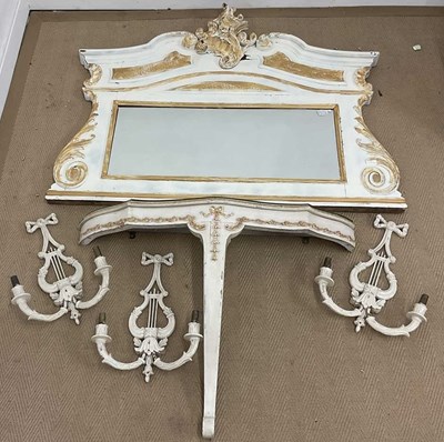 Lot 778 - A white and gilt painted wooden overmantel...