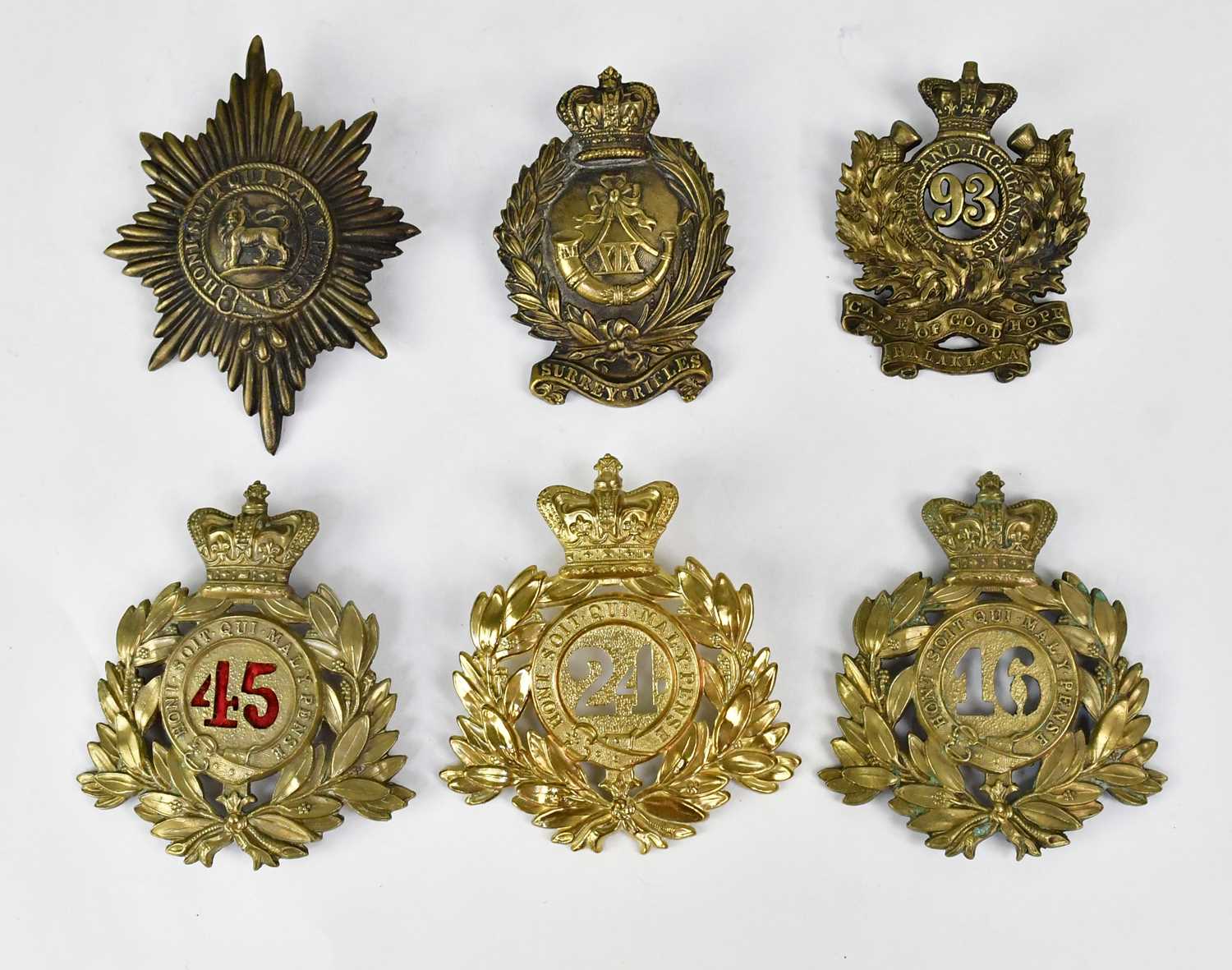 Lot 470 - Six large regimental military cap badges,...