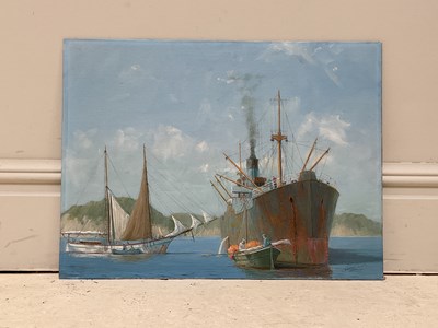 Lot 2244 - JAMES KIRBY; oil on board, shipping scene,...